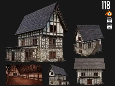 4 Old Medieval Building Pack 4K Textures GameReady 117 to 120 Low-poly 3D model
