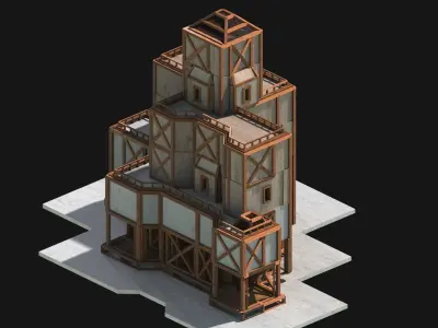 Medieval Low Poly Building Castle Wooden Village Stone House 05 Low-poly 3D model