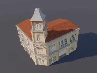 Phuket-Oldtown-1 building with clock tower Low-poly 3D model