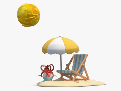  Cartoon Beach Set with Umbrella Chair and Octopus under Sun 