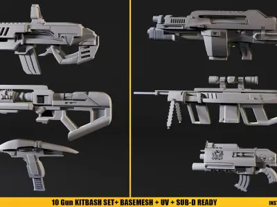 10 Scifi Gun KITBASHSET-UV Low-poly 3D model