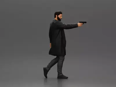 Man in Black Coat Aiming a Gun with Confident Stance 3D print model