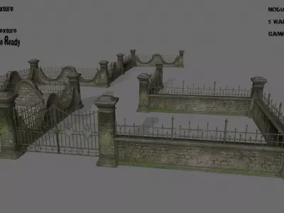 wall set 6 stone with iron railings Low-poly 3D model