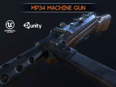 MP-34 german ww2 machine gun pbr Low-poly 3D model