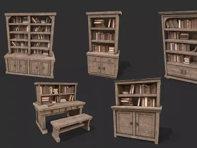 Medieval Environment Props 8 Library Furniture Pack Low-poly 3D model