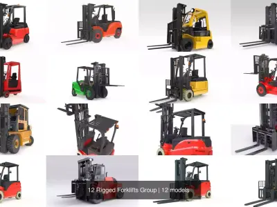 12 Rigged Forklifts Group 3D Model Pack