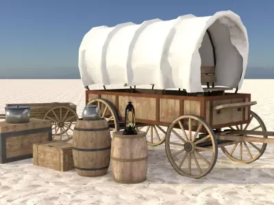 Western Wagon Low-poly 3D model 2