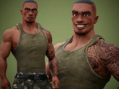 Muscular Soldier Man Cartoon Game Character Rigged Low-poly 3D model
