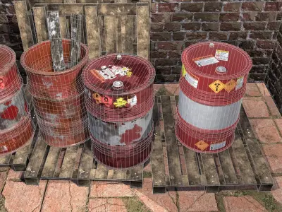 Barrel brick wall with barrels Low-poly 3D model