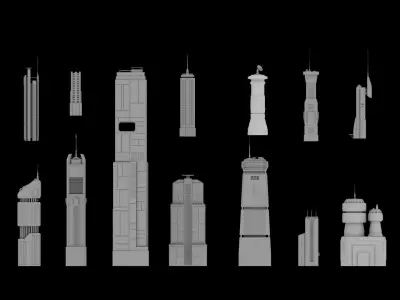 Sci-Fi building dressing kitbash PACK 13 Futuristic Skyscrapers Low-poly 3D model