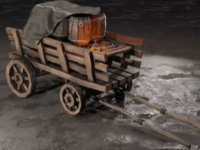 A stylized medieval cart with a lamp and barrels Low-poly 3D model