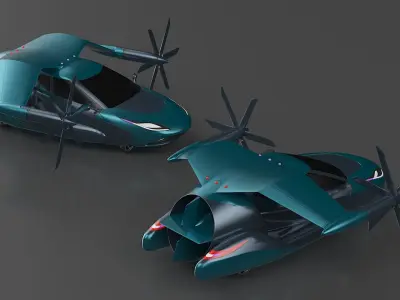  Concept Flying Car in Turquoise Color with Propellers 