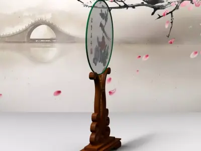 Chinese Traditional Palace Hand Fan With Stand - Flower and Bird Low-poly 3D model