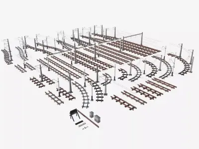 a set of electrified railway tracks and rails Low-poly 3D model