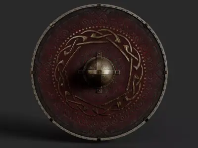 Slavic round leather shield-painted red with golden  symbol Low-poly 3D model