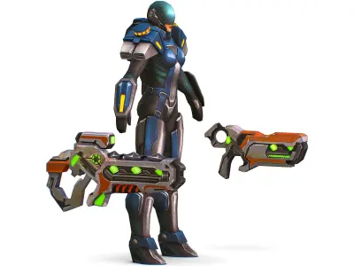 Woman Cyborg Soldier with Rifle and Pistol  Low-poly 3D model