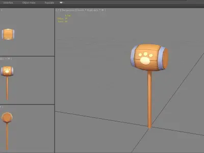 Cartoon wooden hammer with cat paw print  Low-poly 3D model