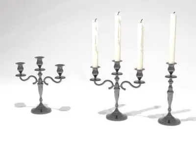silver antique single and triple candelabra 51cm high w candles 3D model
