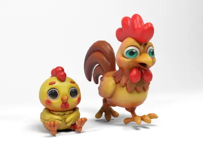 Funny hen and chick Low-poly 3D model