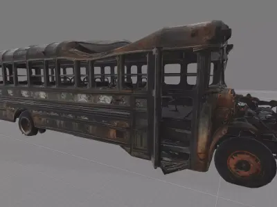 Burned School Bus Post-Apocalyptic Abandoned Vehicle PBR Free low-poly 3D model