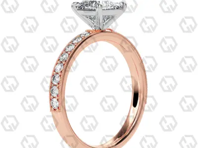 Ring 68 Princess Shape milgrain pave set ring with Gems 3D print model