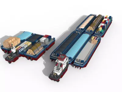 Barge and Push Boats lowpoly Low-poly 3D model