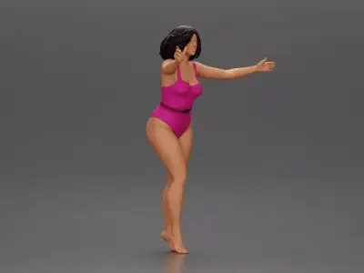Woman with short black hair wearing pink swimsuit raising arms 3D print model
