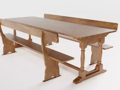 Vintage School Refectory Table with Benches 3D model