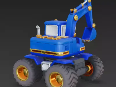 Royal-Rigger Blue Wheeled Excavator 3D Model Low-poly 3D model