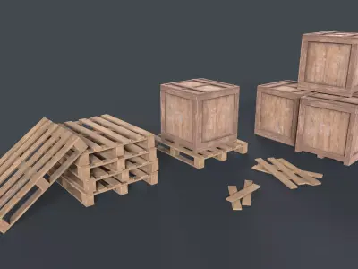 Wooden Pallet Box set game ready Low-poly 3D model