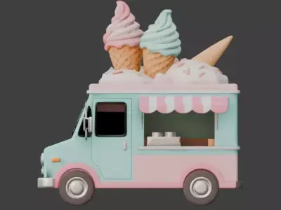 Stylized Summer Ice Cream Truck 3D Model Low-poly 3D model