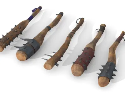 Set of Wooden Maces Low-poly 3D model