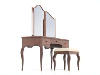 Antique Wooden Vanity Table with Tri-Fold Mirror and Stool Low-poly 3D model