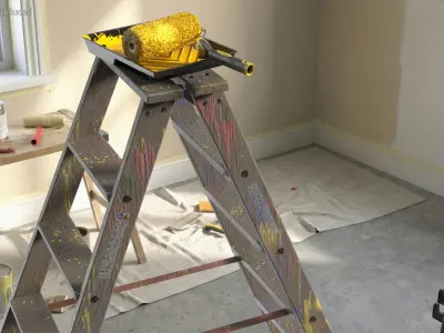 Wooden Painting Ladder Tool with Paint Roller 3D model