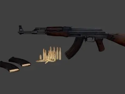 AK-47 with Bullets and Two Cartridges Low-poly 3D model