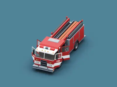 Cartoon Stylized American Fire Truck Low-poly 3D model