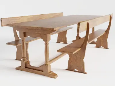 Vintage School Refectory Table with Benches 3D model