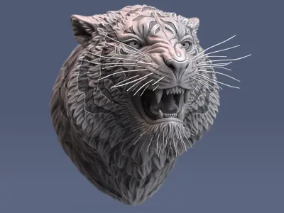 Angry Tiger Head Animal Sculpture Stripes 3D model