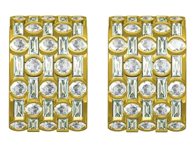 Antique Round and Baguette Diamond Half Bezel Hoop Earring 3D print model