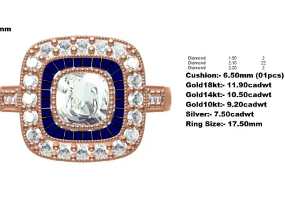 Cushion Shape Baguette Halo Vintage Engagement Ring 3D print model