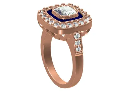 Cushion Shape Baguette Halo Vintage Engagement Ring 3D print model