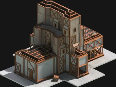 Medieval Low Poly Building  Castle Wooden Village Stone House 07 Low-poly 3D model