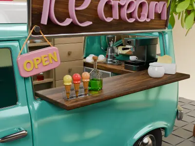 Isometric Coffee and Ice Cream Truck  Low Poly Stylized 3D Scene Low-poly 3D model