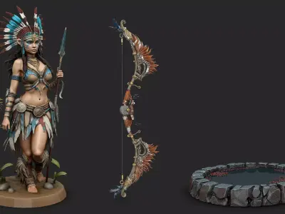 Native american warrior woman on stand with bow high poly 3D model