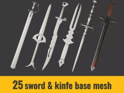 25 Sword and Knife base mesh - Game Ready - Low-poly 3D model