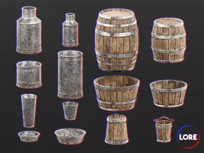 Medieval Collection Containers Barrels and Buckets 3D Model Pack purchase