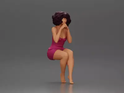 Woman in Pink Dress Sitting with Hands on Chin 3D print model