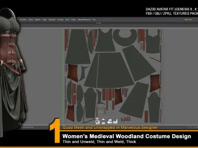 Women Medieval Woodland Costume Design - ZPRJ-FBX-OBJ Files 3D model