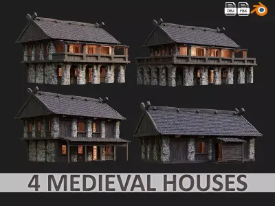 4 Old Medieval Building House Pack 4K Tex GameReady 41 to 44 Low-poly 3D model