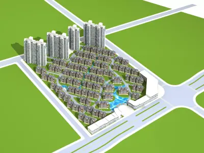Architecture residential area with trees and buildings 3D model